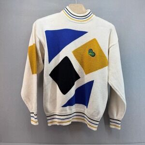 Vtg Aureus Mens Large White Geometric Colorblock Golf Sweater English Turn 90s